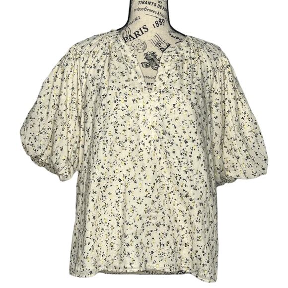Vince Camuto SMALL Cream Floral Print Puffy Elastic Sleeve Split Neck Blouse - Picture 1 of 15